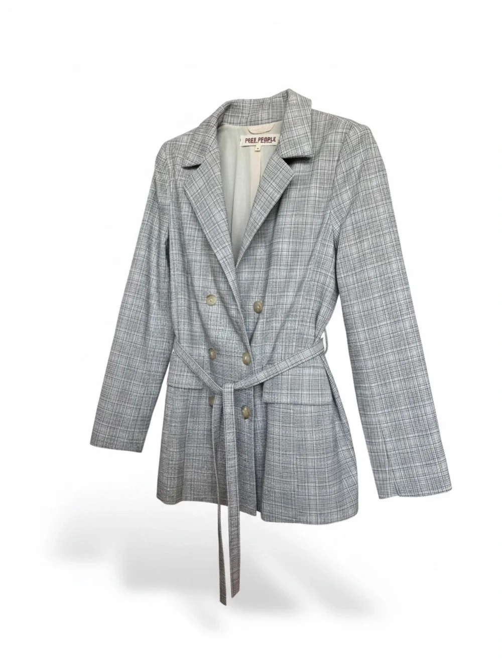 Free People Olivia Light Gray Plaid Double-Breasted Blazer | Relaxed Menswear